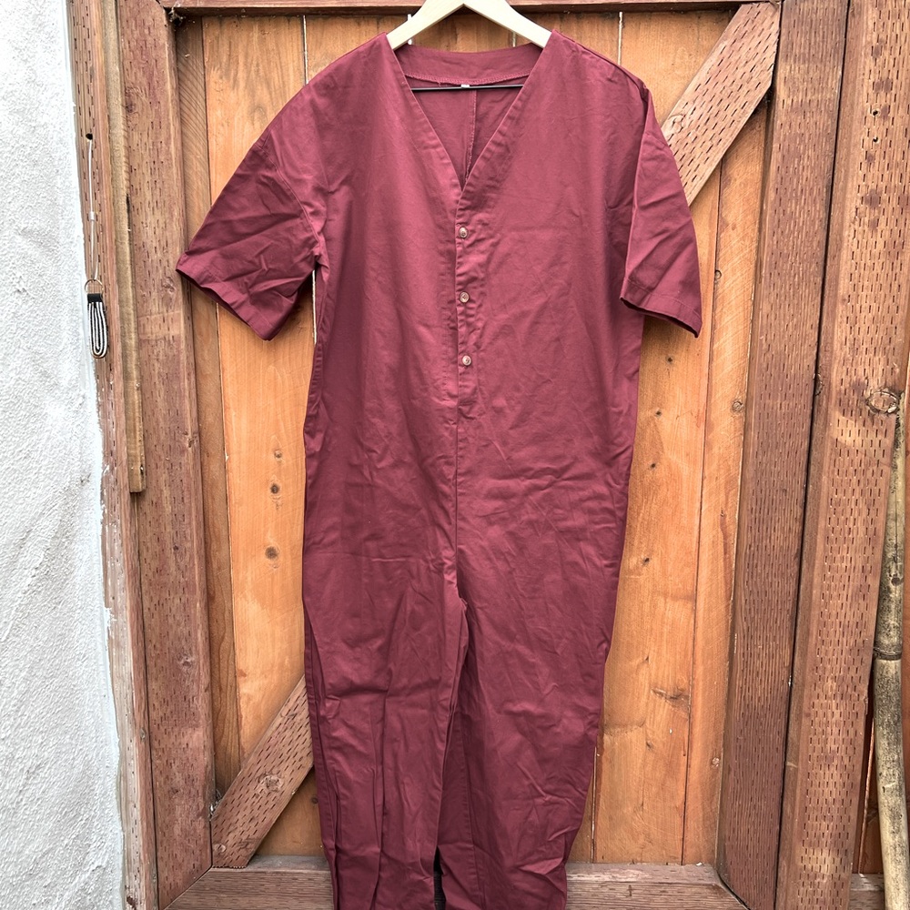 Burgundy shot sleeve cotton jumpsuit with buttons size M